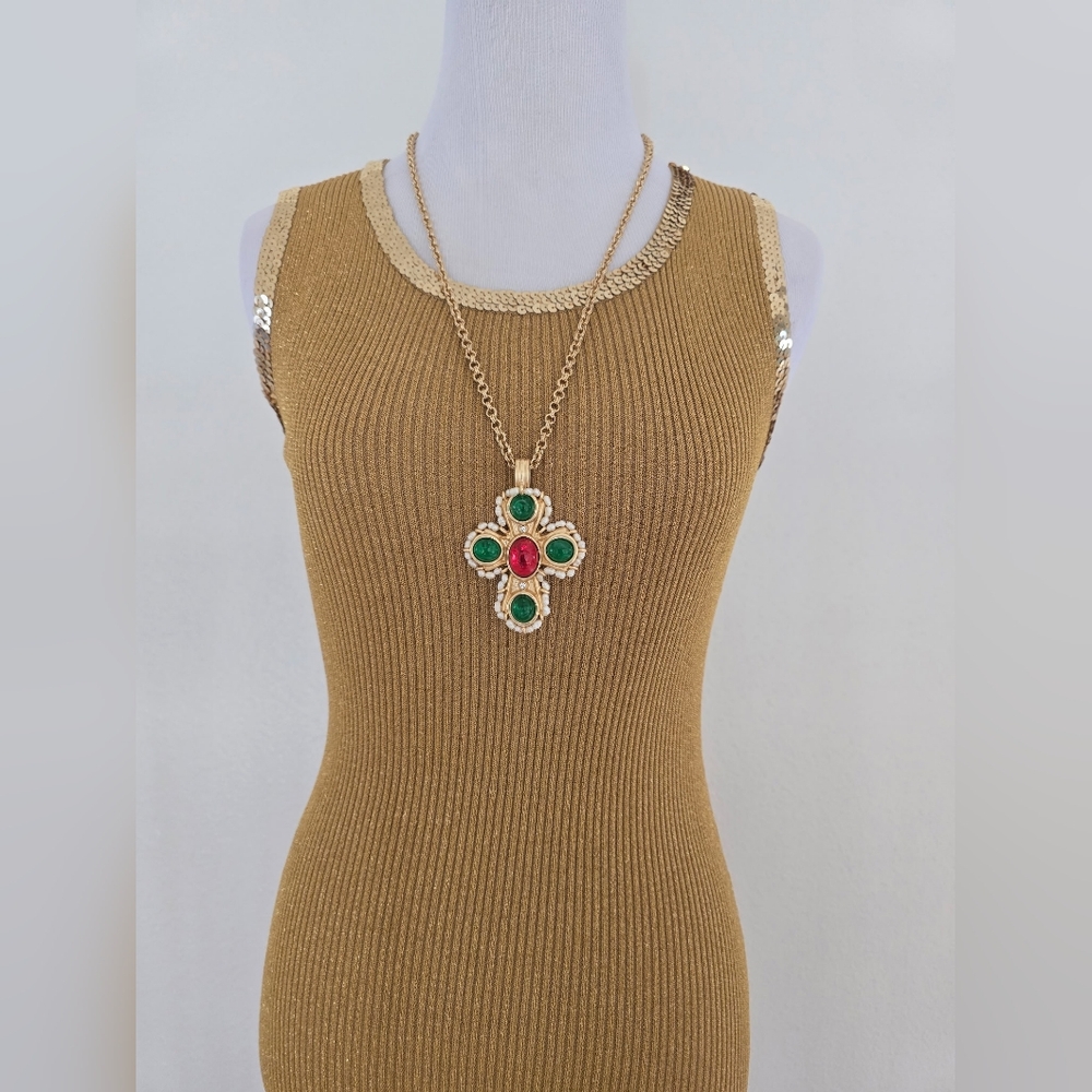 Kenneth Jay Lane Gold Ruby, Pearl and Emerald Pendant Necklace